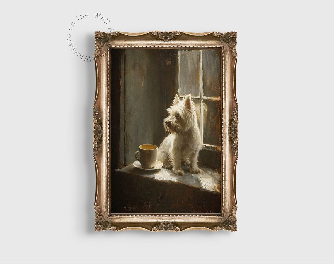 West Highland Terrier Puppy On Windowsill With Teacup Vintage Painting Poster - Image 6