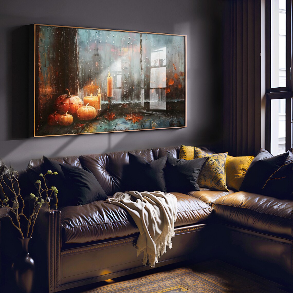 Fall Pumpkins and Candles by Rainy Window Autumn Painting Poster - Image 2