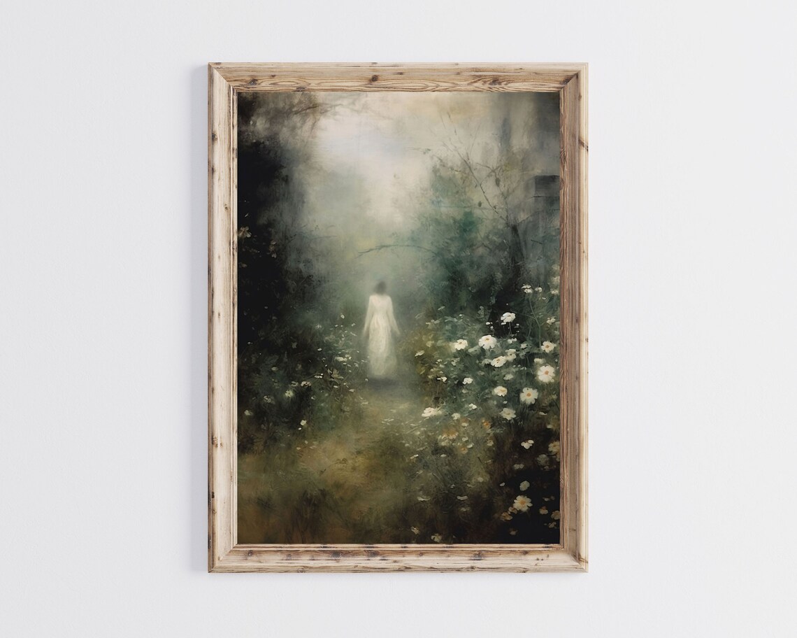 Ghostly Woman in White Dress in Foggy Daisy Garden Spooky Poster - Image 2