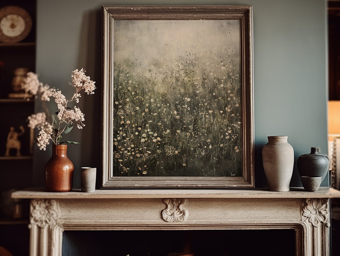 Misty Field Of Tiny White Wildflowers Atmospheric Moody Landscape Poster - Image 2