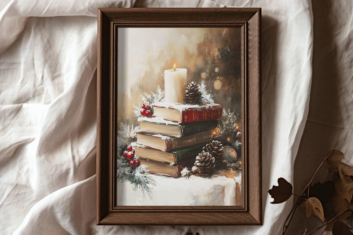 Christmas Books with Candle Snowy Vintage Oil Painting Cozy Poster - Image 6