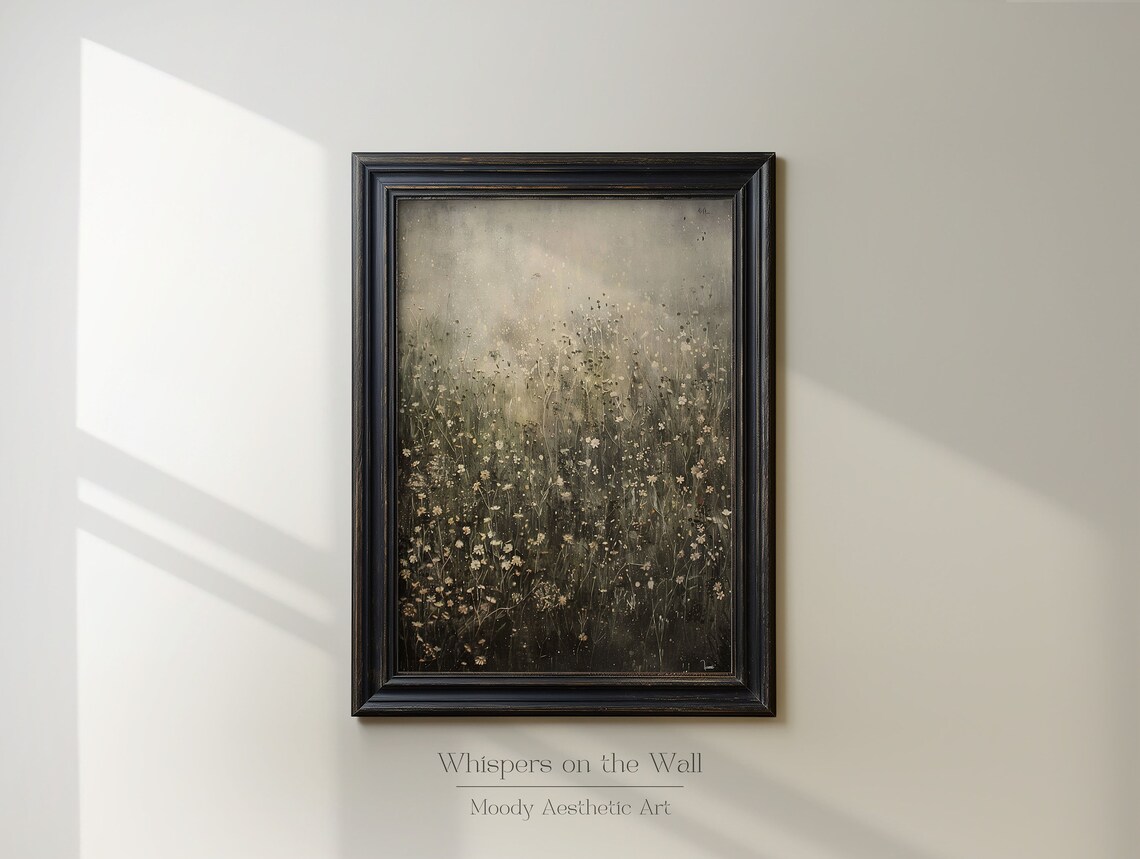 Misty Field Of Tiny White Wildflowers Atmospheric Moody Landscape Poster - Image 3