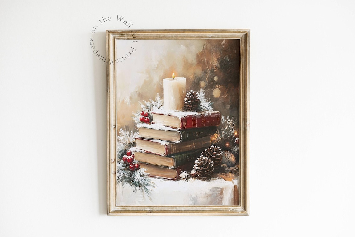 Christmas Books with Candle Snowy Vintage Oil Painting Cozy Poster