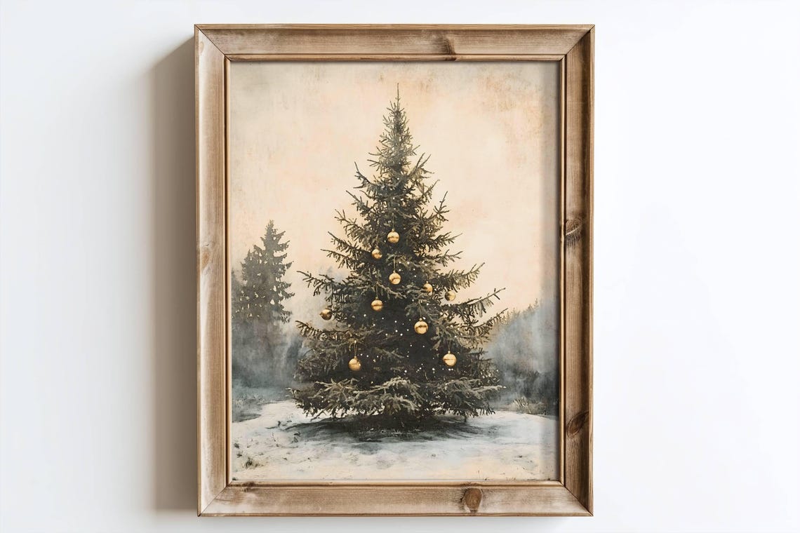 Rustic Christmas Tree Gold Baubles Standing In Snow Vintage Poster - Image 2