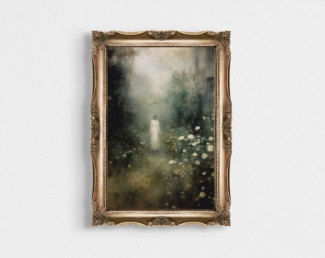 Ghostly Woman in White Dress in Foggy Daisy Garden Spooky Poster - Image 4