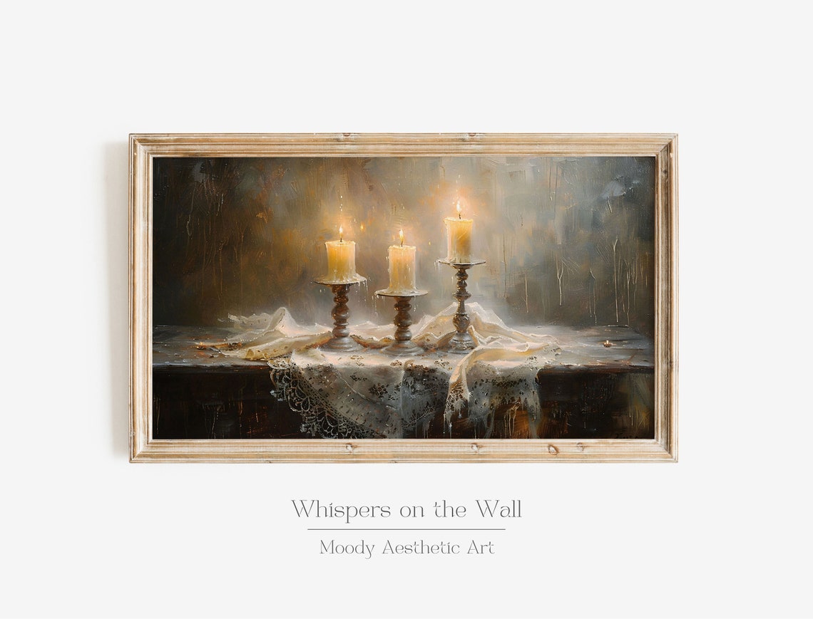 Three Lit Candles on Lace Dark Gothic Still Life Painting Poster