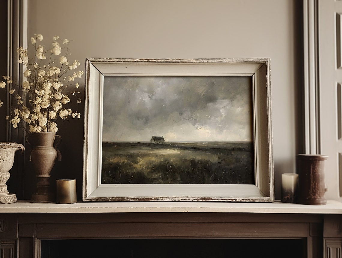 Lonely Cottage in Vast Dark Stormy Field Moody Landscape Poster - Image 2