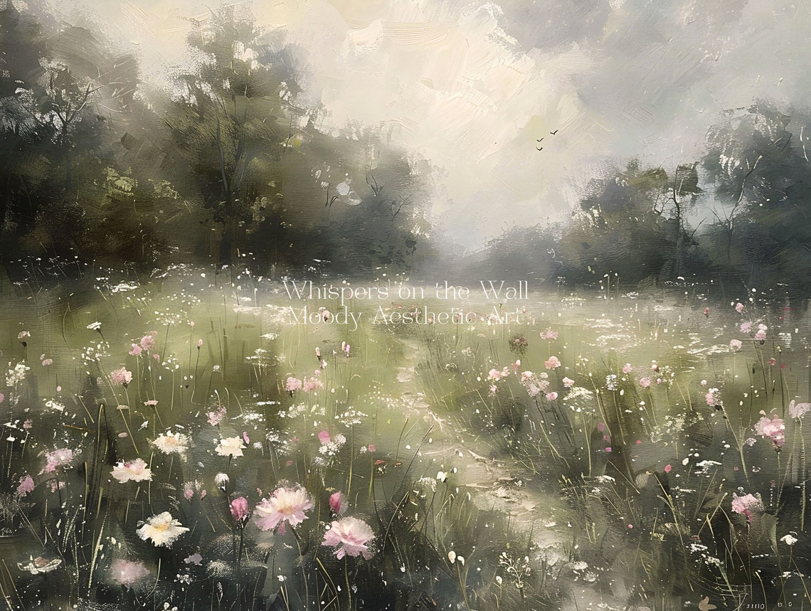 Misty Wildflower Meadow Path Vintage Landscape Painting Poster - Image 5