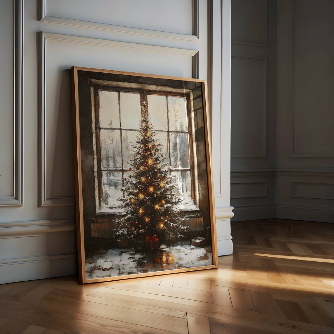 Christmas Tree by Window Glowing Lights Snowy Vintage Holiday Poster - Image 2