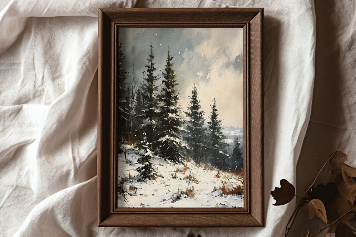 Moody Snowy Evergreen Forest Dark Pines Winter Landscape Poster - Image 3