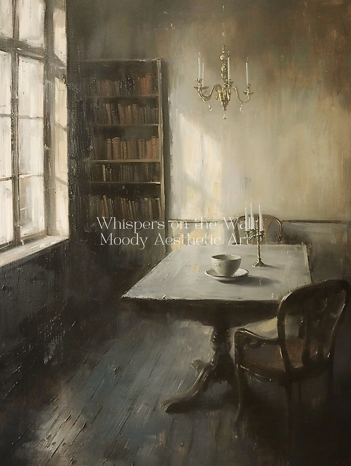 Dim Dining Room With Bookshelf And Chandelier Moody Interior Painting Poster - Image 5