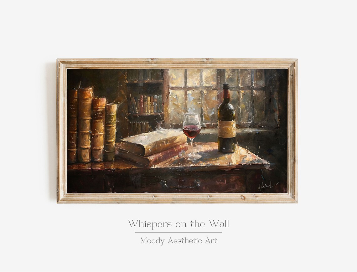 Dark Academia Wine and Books Vintage Library Painting Poster