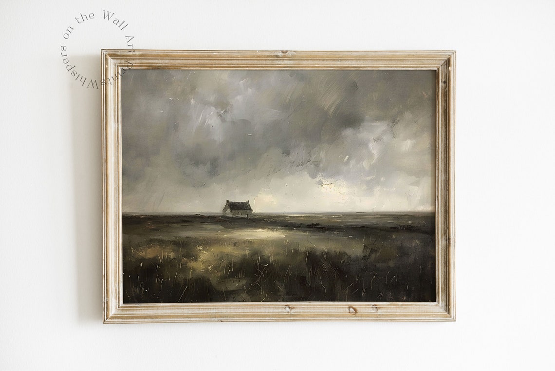 Lonely Cottage in Vast Dark Stormy Field Moody Landscape Poster