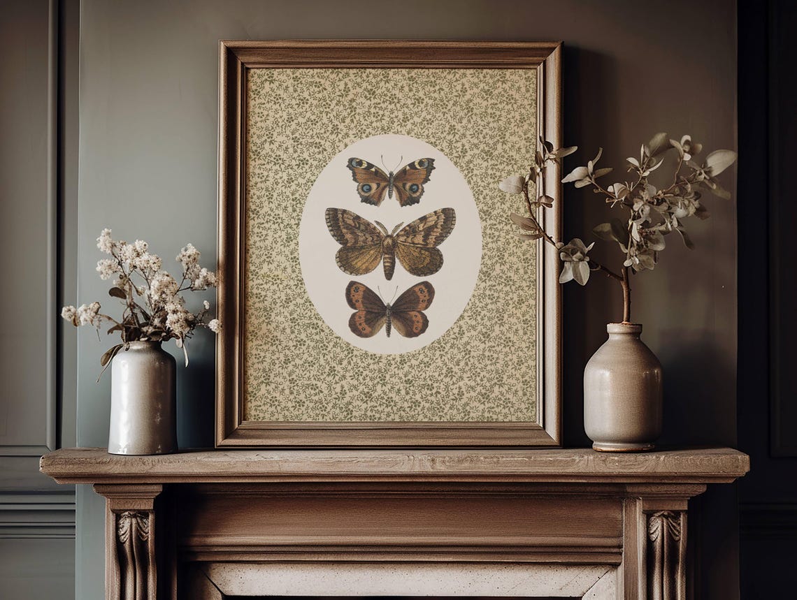Vintage Butterfly Trio Illustrations Floral Olive Background Poster - Image 2