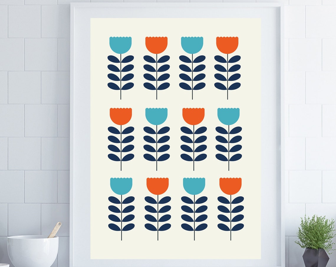 Mid Century Retro Tulip Floral Grid Orange Teal Patterned Wall Art