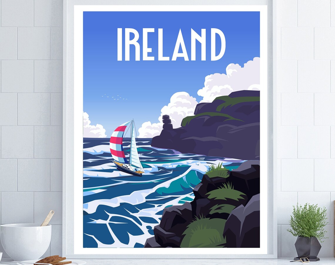 Ireland Sailboat Atlantic Coast Sea Cliffs Vintage Travel Poster
