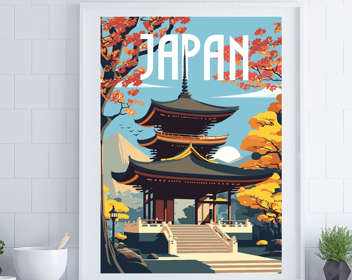 Japan Pagoda Mount Fuji Autumn Maple Trees Retro Travel Poster
