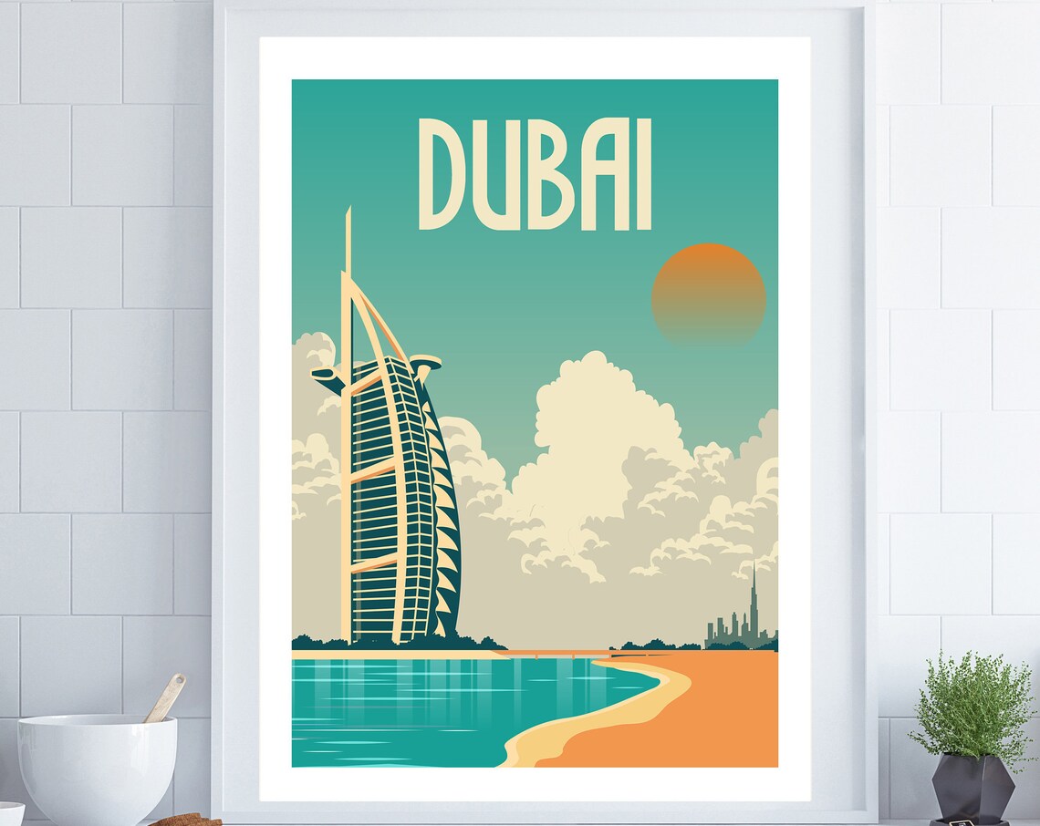 Dubai Travel Poster, Burj Khalifa Retro Wall Art