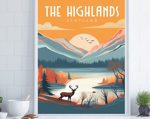 The Highlands Scotland Stag Lake Autumn Mountains Sunset Poster