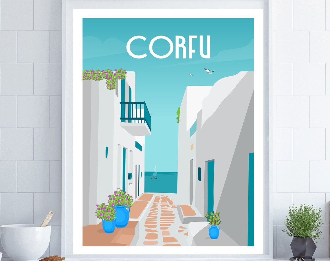 Corfu Travel Poster, Greek Islands Beach Decor