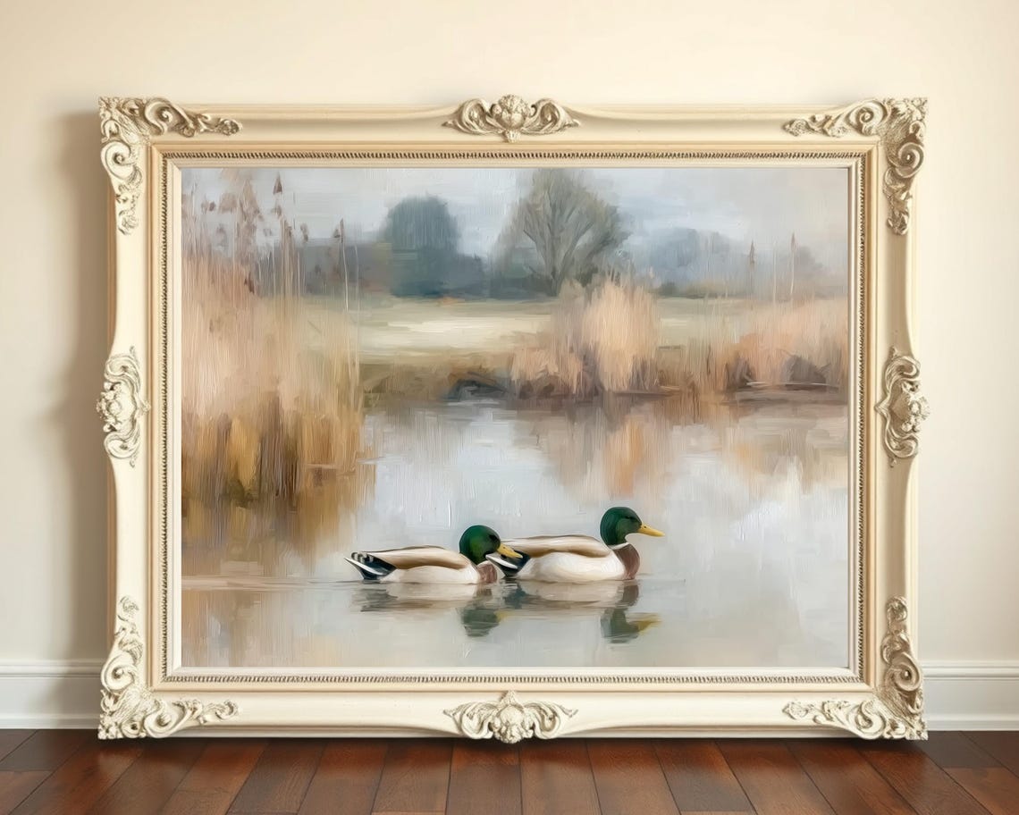 Two Mallard Ducks On Misty Pond Lake Rustic Farmhouse Poster