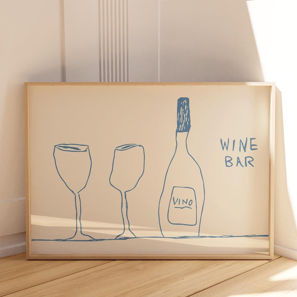 Wine Bar Vino Bottle Line Drawing Retro Minimalist Kitchen Poster