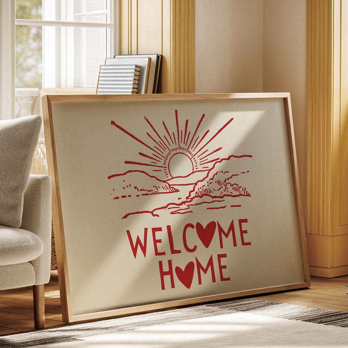 Welcome Home Sunrise Over Water Red Coastal Entryway Wall Poster