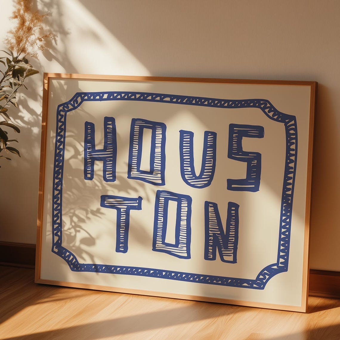 Houston Blue Hand Drawn Lettering Poster Eclectic Texas City Design