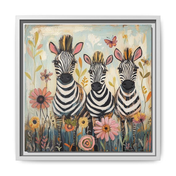 Three Cute Baby Zebras Floral Butterfly Whimsical Nursery Print