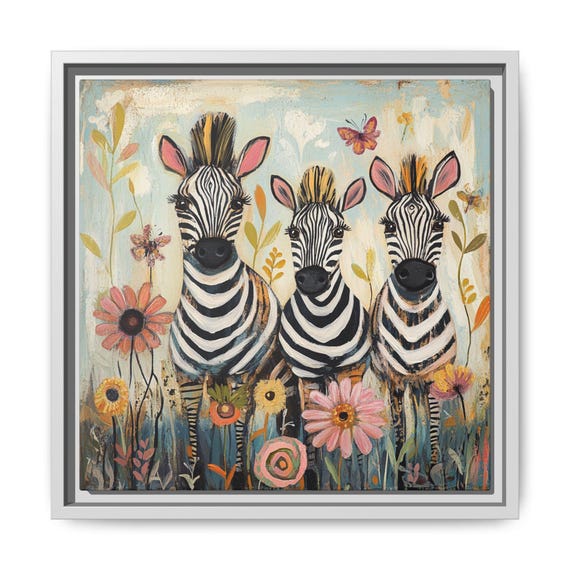 Whimsical Nursery Print Wall Art Boho Decor Floral Zebra Painting Multicolor Kids Room