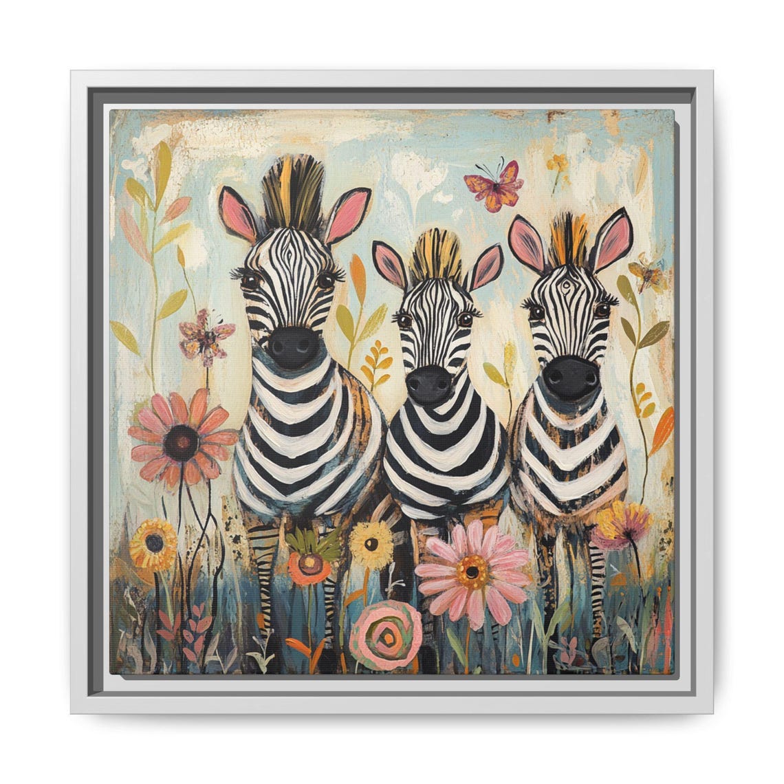 Three Cute Baby Zebras Floral Butterfly Whimsical Nursery Print