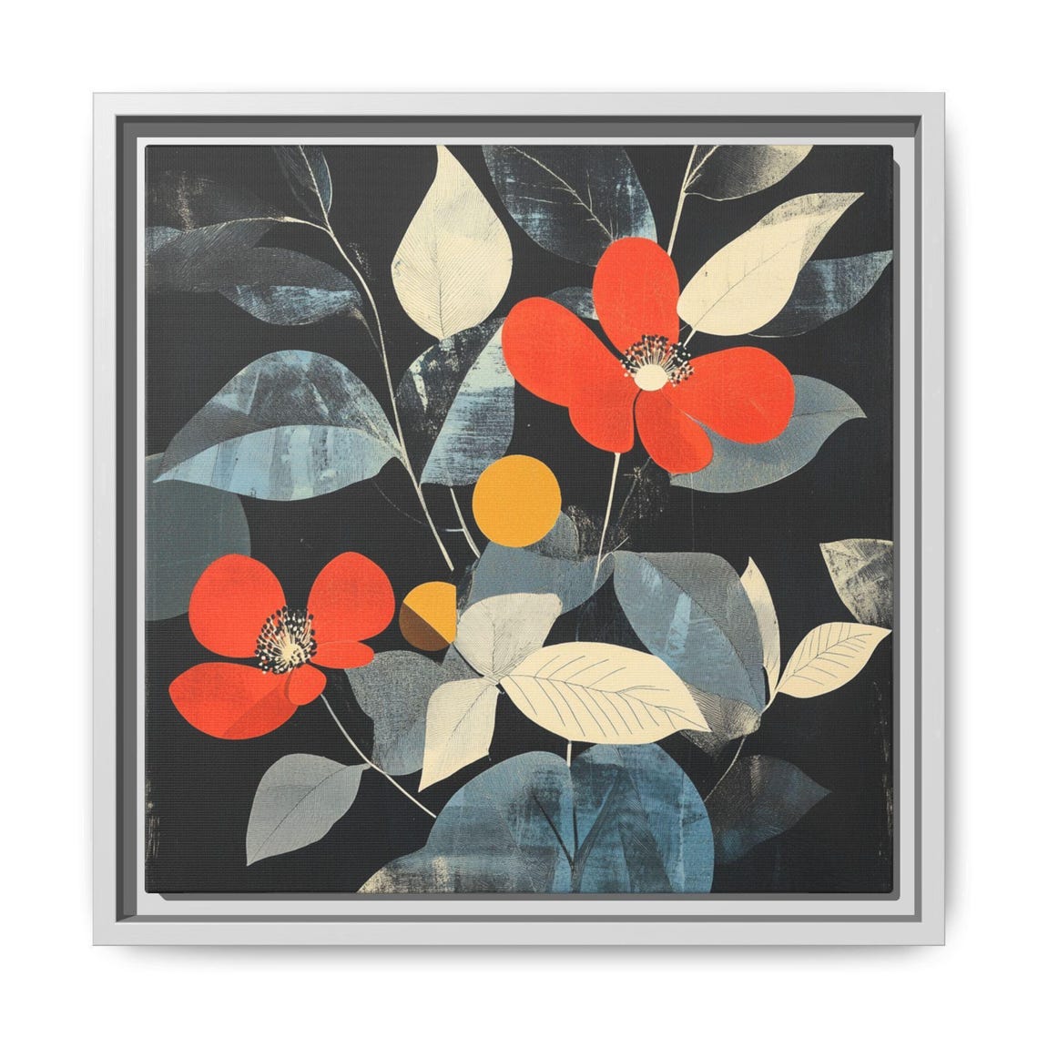 Dark Floral Art with Red Blooms on Black Modern Botanical Print