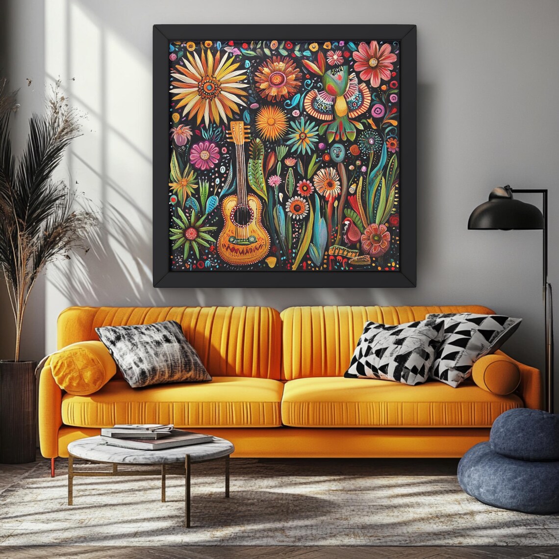 Mexican Folk Art Guitar and Botanical Image, Boho