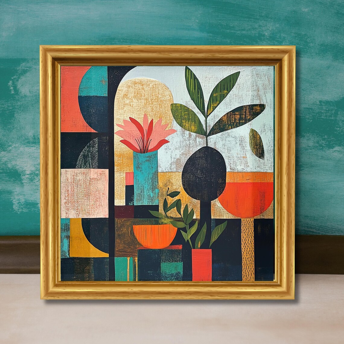Mid Century Modern Colorful Geometric Floral Abstract Art Poster