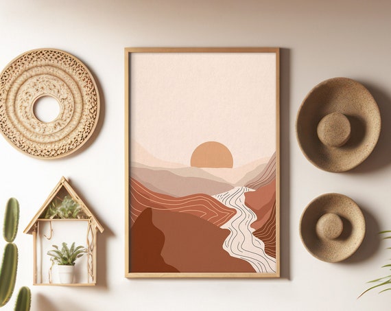 Abstract Sunset Illustration Neutral Wall Art Landscape Art Print Terracotta Wall Art Boho Art Prints Sunshine Prints