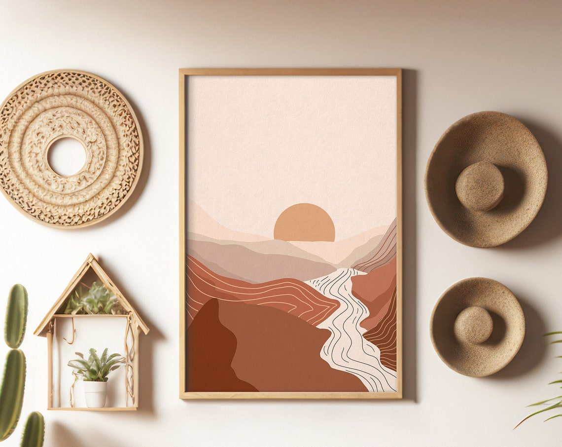 Abstract Sunset Illustration Neutral Wall Art Landscape Art Print Terracotta Wall Art Boho Art Prints Sunshine Prints