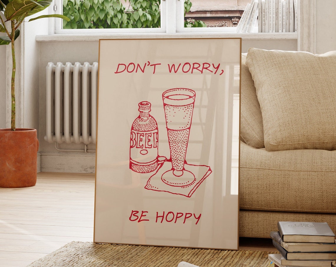 Don't Worry Be Hoppy Funny Red Beer Bottle Retro Line Art Poster - Image 4