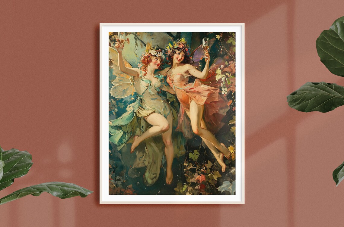 Vintage Oil Painting Fairies Drinking and Flying Art Print