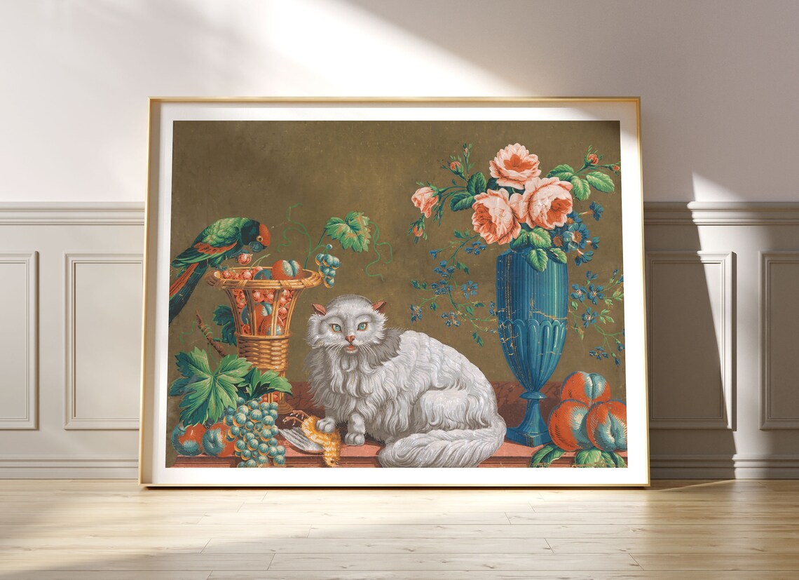 Vintage Fancy Cat With Flowers, Art Nouveau Art Print - Image 2