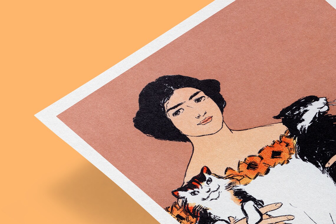 Vintage Art Deco Woman With Two Cats Art Print - Image 2