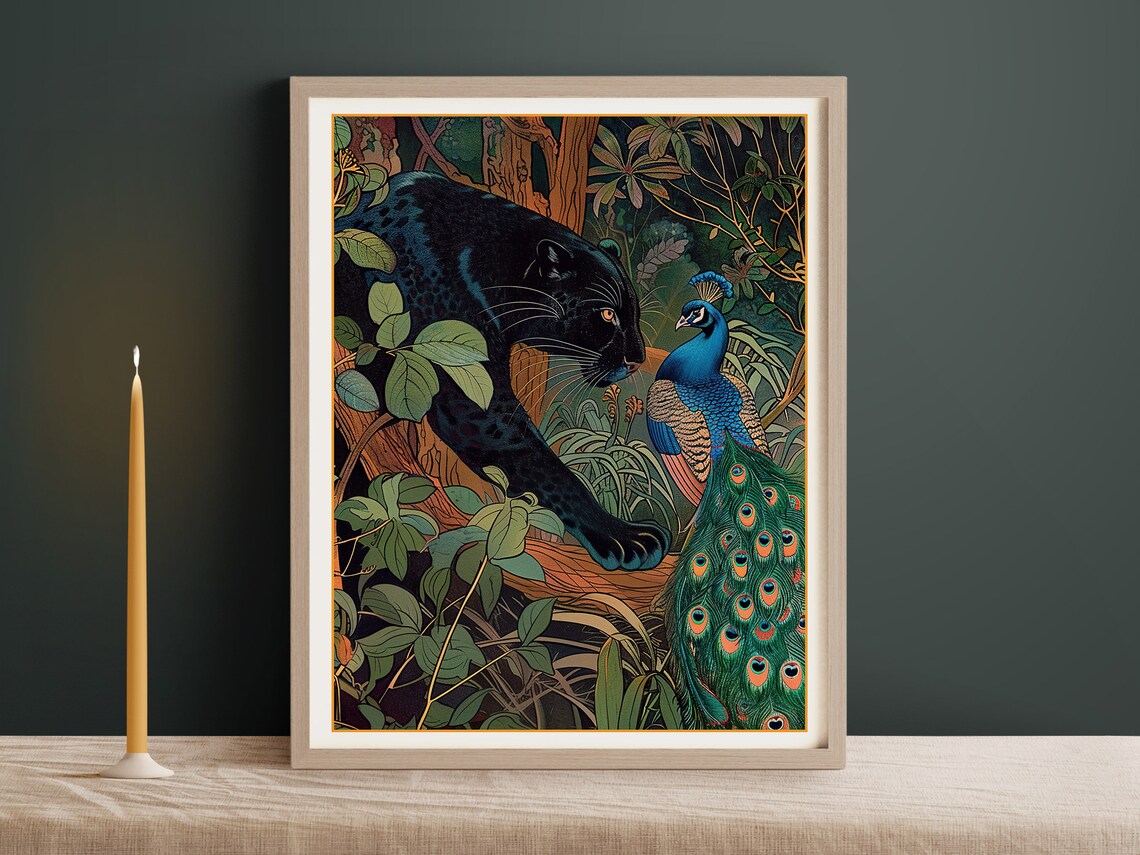 Vintage Panther And Peacock Art Print, Tropical Decor - Image 2