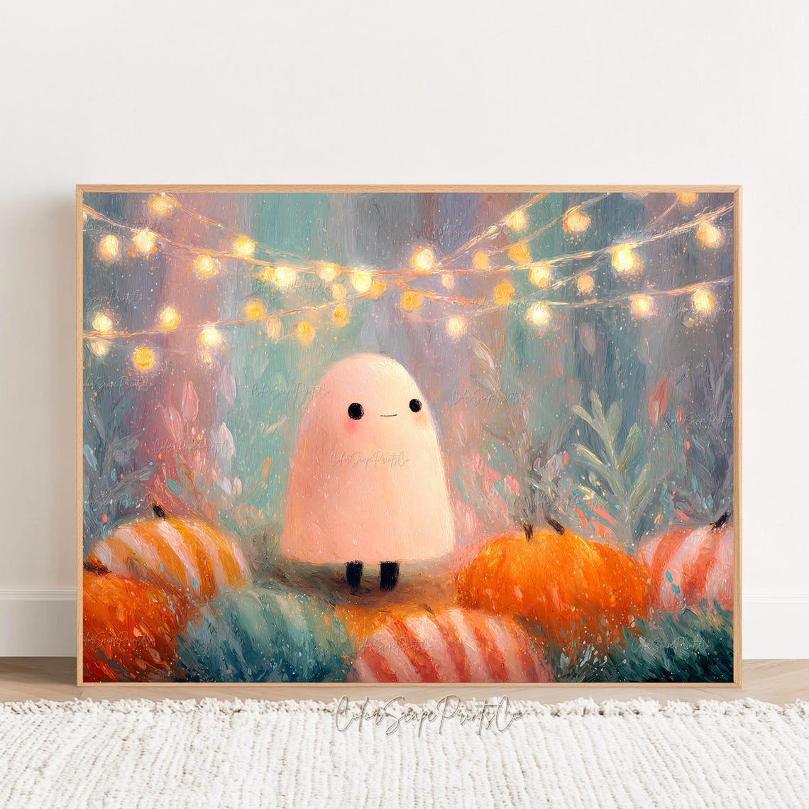 Pink Ghost Under String Lights Among Pumpkins Pastel Halloween Poster