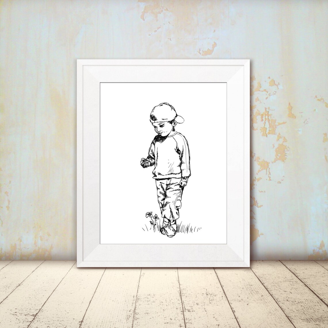 Little Boy in Cap Walking Ink Sketch Black and White Nursery Poster - Image 2
