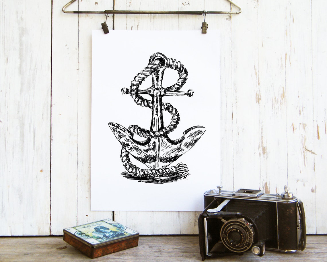 Vintage Antique Anchor Rope Sketch Nautical Coastal Wall Art - Image 3