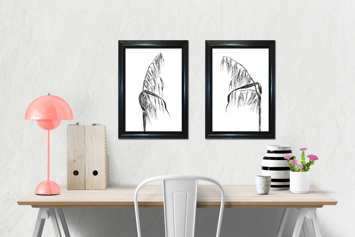 Black and White Minimalist Wheat Grass Botanical Sketch Wall Art - Image 3