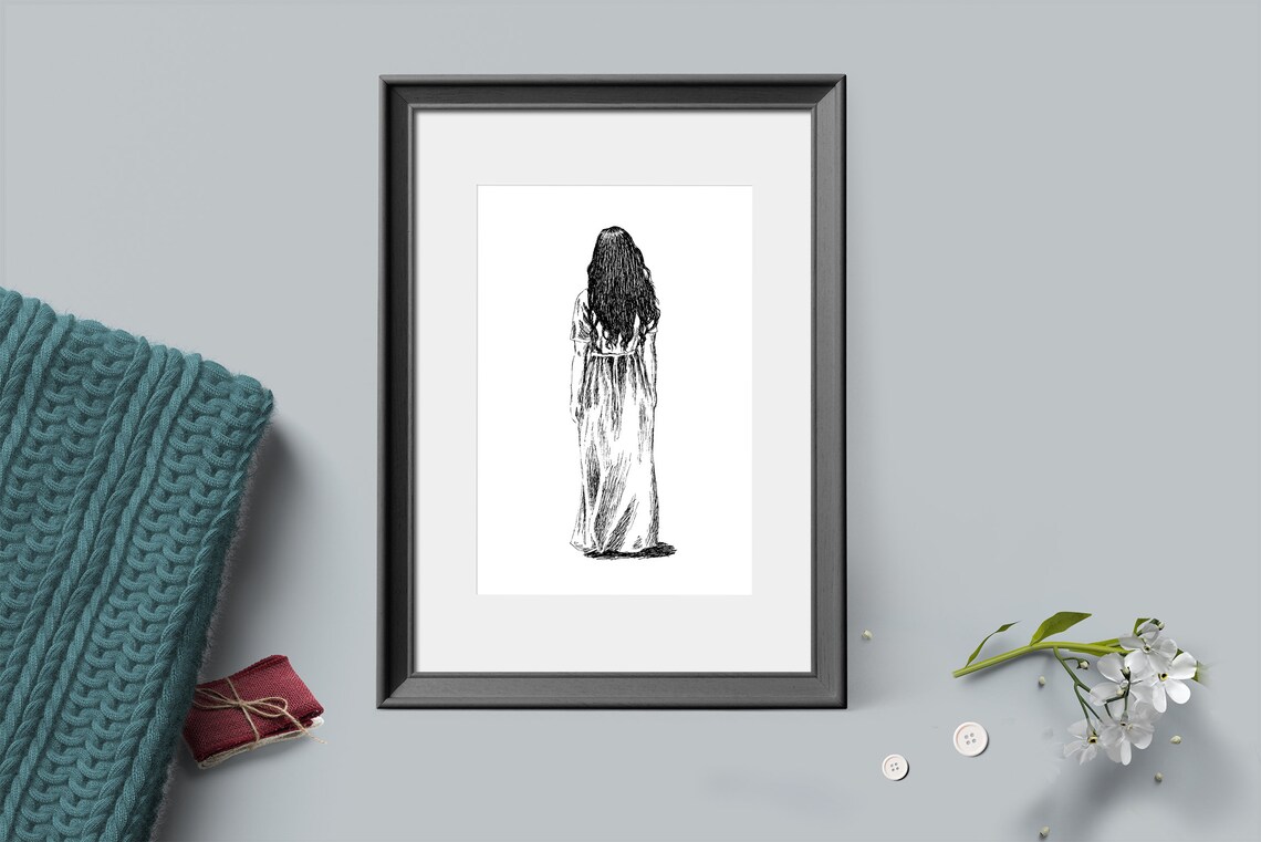 Woman in White Dress From Behind Ink Illustration Black and White Poster - Image 3