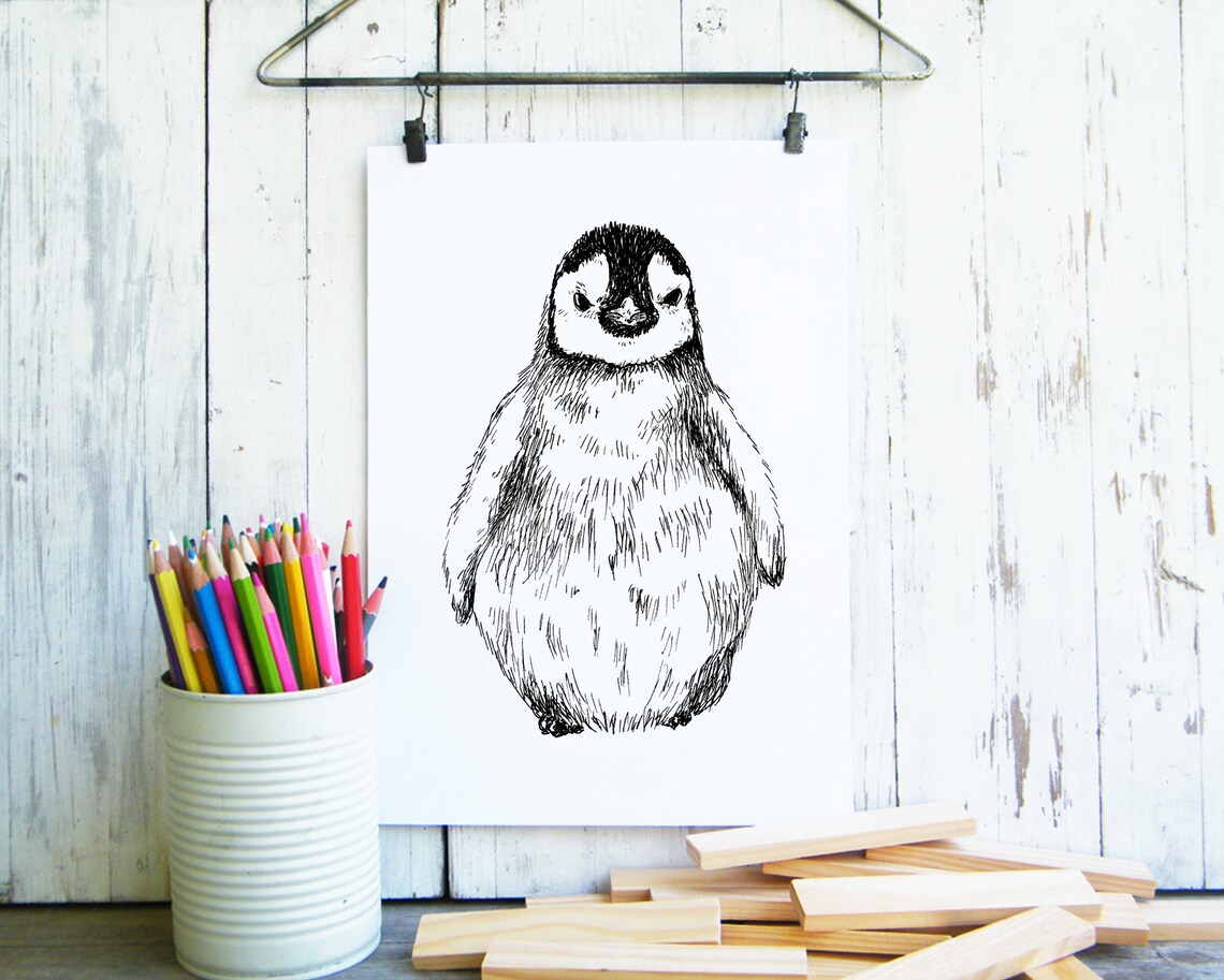 Baby Penguin Ink Sketch Black White Cute Animal Nursery Decor Poster - Image 3