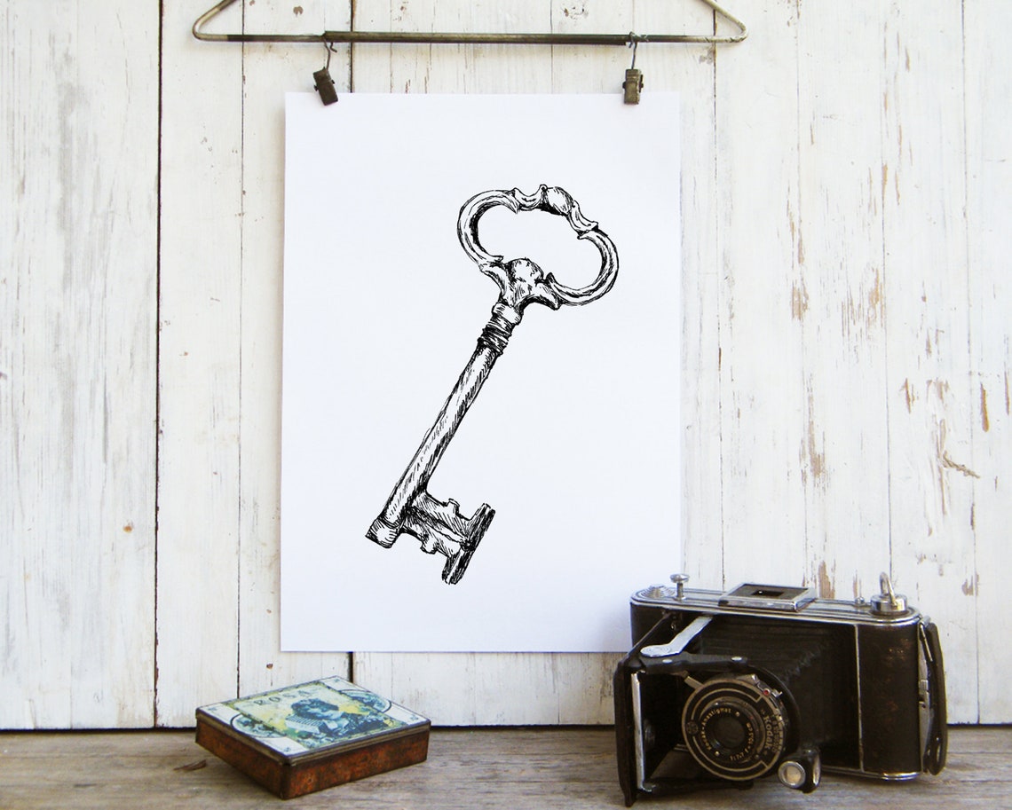 Vintage Antique Skeleton Key Ornate Ink Drawing Decor Wall Art - Image 4