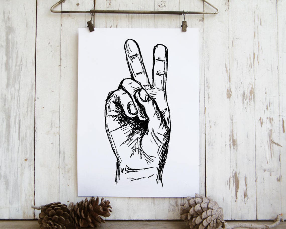 Peace Sign Hand Sketch Black and White Line Art V Gesture Poster - Image 3