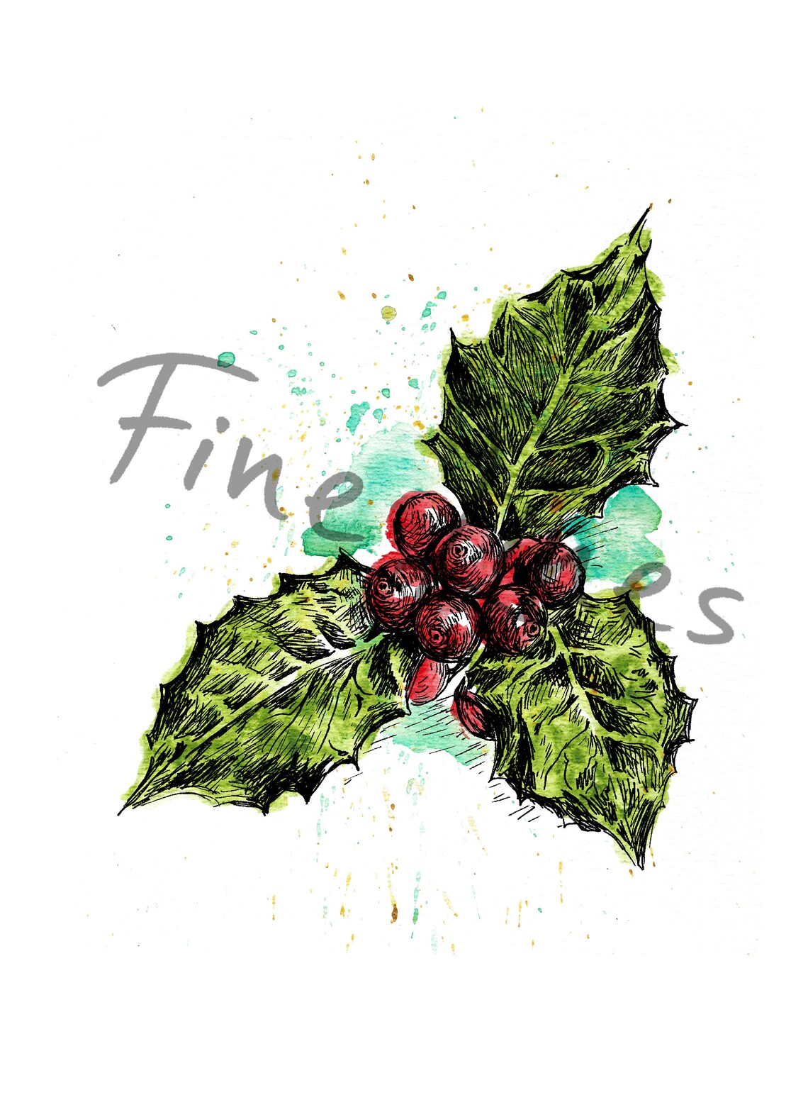 Watercolor Holly Berry Botanical Christmas Holiday Art Poster - Image 3